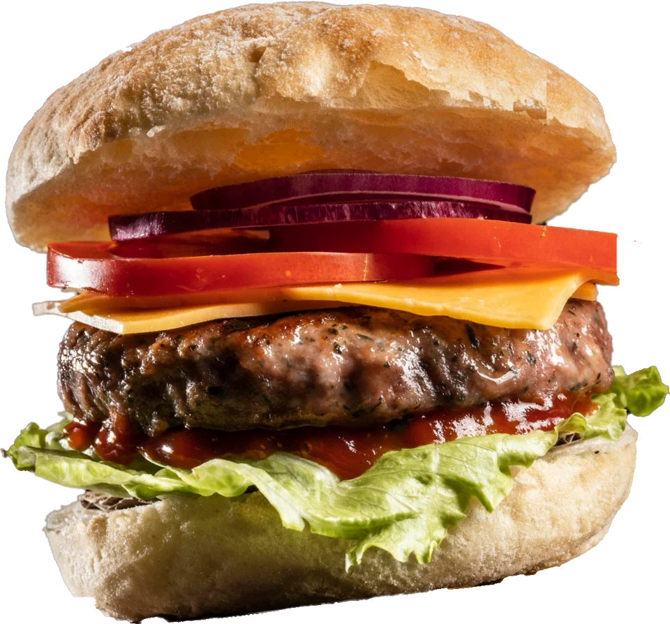 Cheeseburger with tomato, red onion, cheese and fresh lettuce from Home Recipe Foods